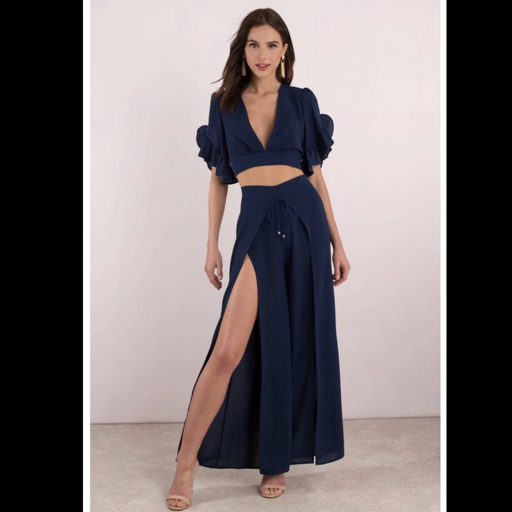 Dalena navy high slit pants and crop top set